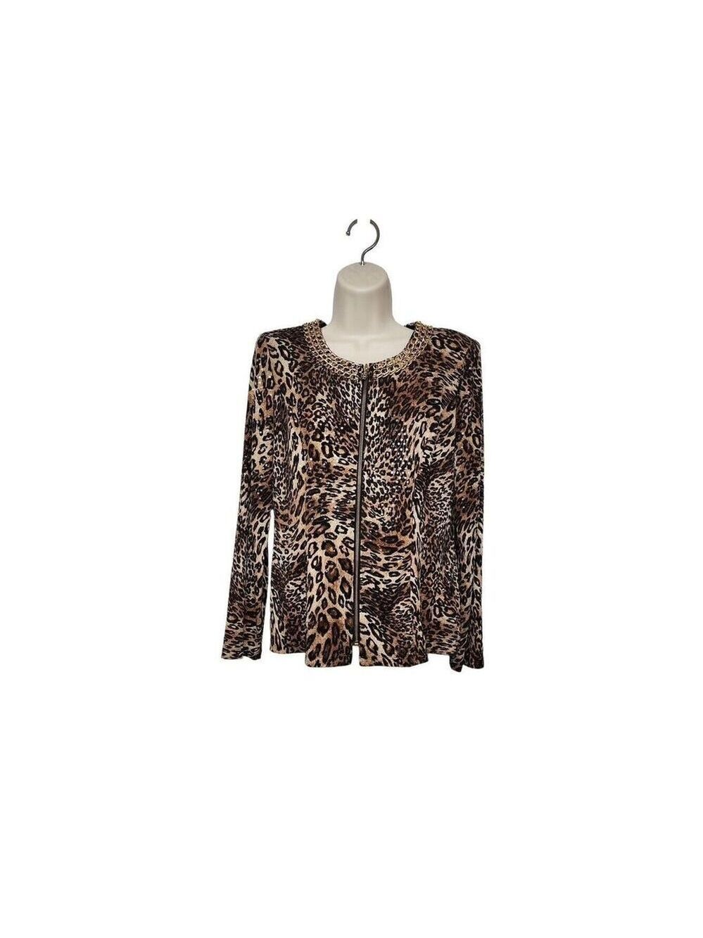 MSK Women's Animal Print Long Sleeve Zipper Blouse Medium Brown Black